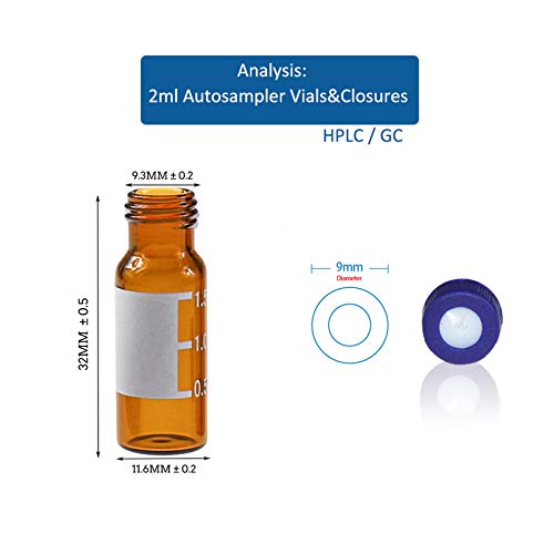 2ml Autosampler Vial, 9-425 HPLC/GC Sample Vials with Screw Caps, 100 PCS - color: Amber Vial & Red PTFE White Silicone Liner