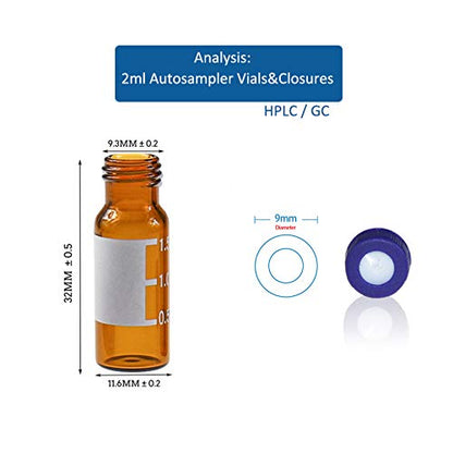 2ml Autosampler Vial, 9-425 HPLC/GC Sample Vials with Screw Caps, 100 PCS - color: Amber Vial & Red PTFE White Silicone Liner