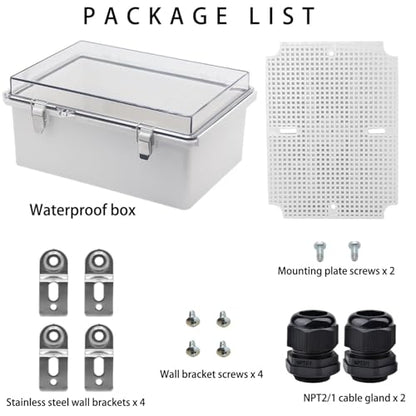 Waterproof Electrical Box with Mounting Plate, IP67 Junction Box Stainless Steel Latch Hinged Clear Cover Project Enclosure with Wall Bracket and 2 Glands 8.3" x 6.3" x 3.9" - color: Clear, size: 8.3" x 6.3" x 3.9"