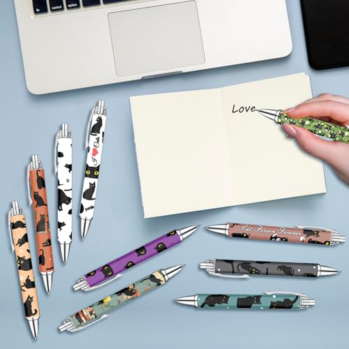 Idealmuzik Black Cat Ballpoint Pens Set – Cute Aesthetic Cat Design Pens for Office, Journaling, and Stationery Lovers – Smooth Writing Pens for Daily Use, Notes, or Gifts – Stylish & Fun, 10 Pack - color: Black Cat