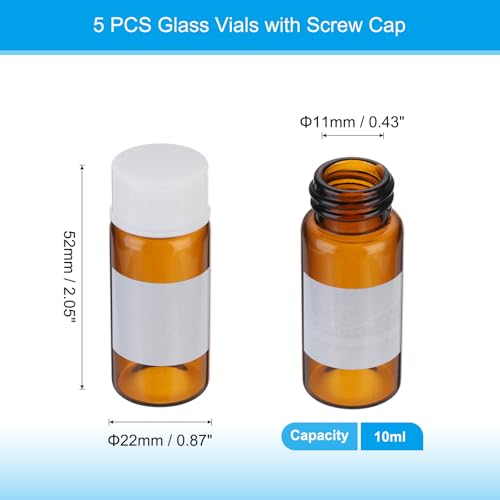 PATIKIL Small Glass Sample Bottles with Lids, 5 Pcs 10ml Amber Glass Vials with White Screw Caps Mini Leak Proof Reagent Sealed Bottles with Writing Label for Solid Liquid Powder Storage - color: White/Amber, size: 10ml