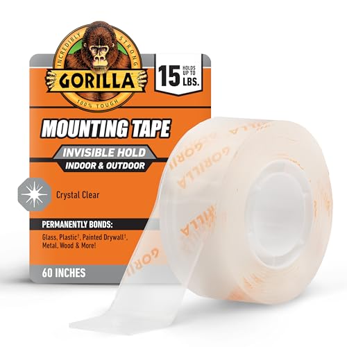 GORILLA Invisible Hold Mounting Tape, Holds Up to 15 lbs, Clear, 1" x 60" - size: 1" x 60"