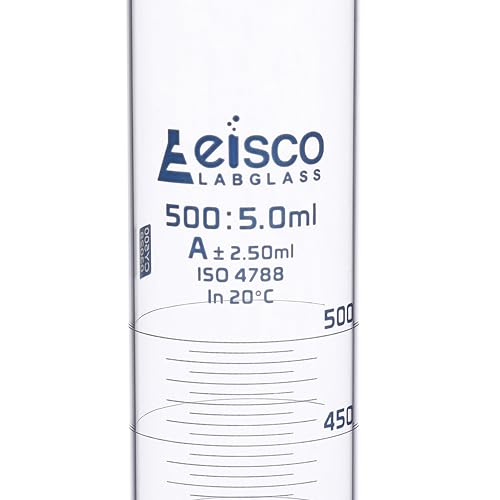 Graduated Cylinder, 500ml - Class A Tolerance ±2.50ml - Round Base - Blue Graduations - Borosilicate 3.3 Glass - Eisco Labs - size: 500mL