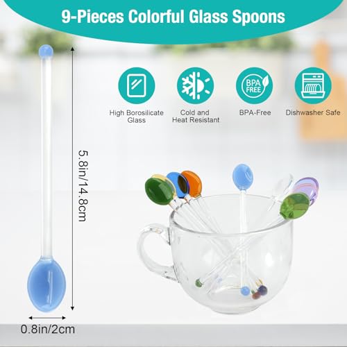 JEPELUS 9Pcs Colorful Glass Spoon, Stirring Spoons for Coffee Stirrers
