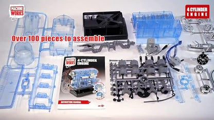 Machine Works Build Your Own Visible Model Engine Toys - Replica Model Building Kit 100+ Pieces- Features Working Sounds and Illuminiation, Internal Combustion Mechanics, Physics, STEM (4-Cylinder) - style: 4-Cylinder