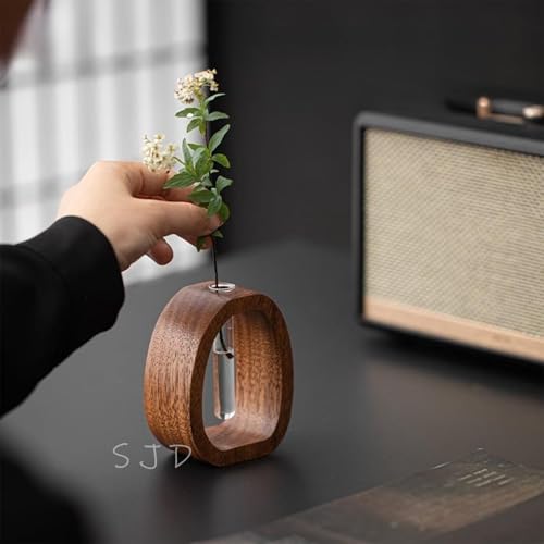 Walnut Wood Glass Flower Vase with Test Tubes | Modern Hydroponic Planter for Fresh Cut Flowers | Handcrafted Tabletop Decor for Home, Office, Farmhouse Style (Small) - size: Small