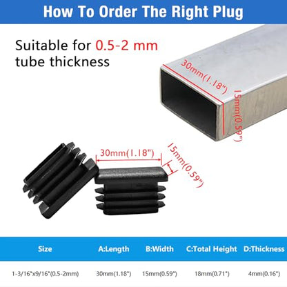 16 Pack 1-3/16 x9/16 Black Rectangular Tube End Cap Plastic Plugs - color: Black, size: 1-3/16" x 9/16" - 16 pcs