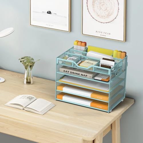 5 Tier Paper Letter Tray Desk Organizer with Pen Holders - Blue - color: 5 Tier-Blue, size: 12.5" x 9.1" x 10.3"