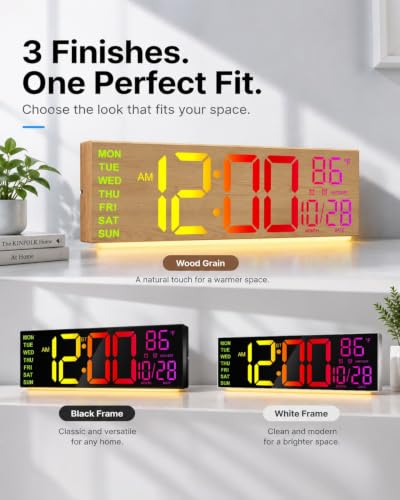 HAITANG 16.2" Wood Digital Wall Clock, 8 Colors, Remote & Night Light - color: Wood
