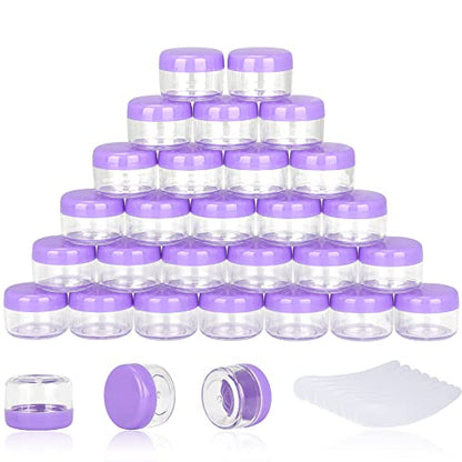 100PCS 5 Gram Sample Containers, 5ml Empty Jars with Lids, Small Cosmetic Containers, Mini Sample Jars with 8PCS Mini Spatulas for Make Up, Oils, Lotion, Powder, Paint, Jewelry, Lip Balms(Purple Lid) - color: Purple, size: 100 Count