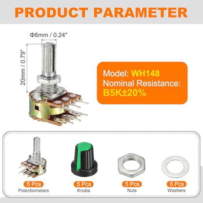 MECCANIXITY Ohm Potentiometer Kit WH148 B5K 6-Pin 20mm Shaft Green 5Set - size: 20 mm, style: B5K