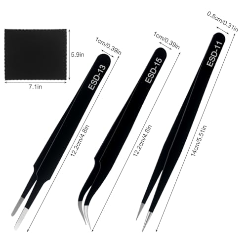 Precision Tweezers Set, 3 Pcs Upgraded Stainless Steel Anti-Static ESD Tweezers with Cleaning Cloth, for Craft, Electronic, Soldering, Model, Hobby, Jewelry Making, Laboratory Work, DIY