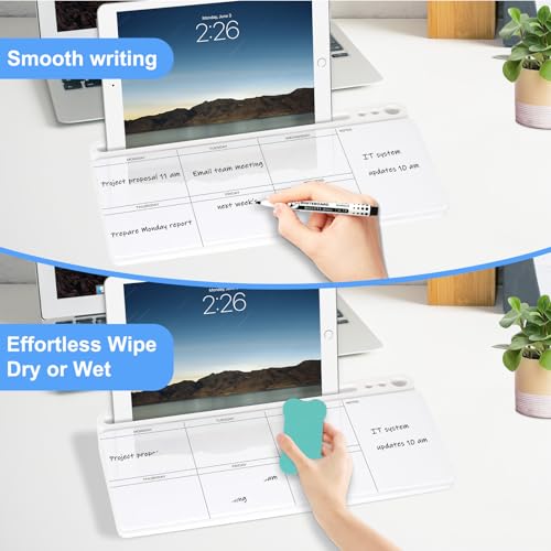 Desktop Glass Whiteboard with Storage, Weekly Calendar Desk White Board - color: Organizer-white Weekly Planner