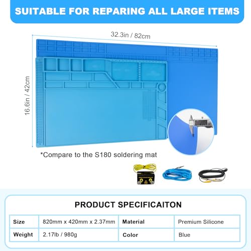 Extra Large Soldering Mat with Wristband & Grounding Accessories, 32.3’’x16.6’’ Large Silicone Solder Mat, 932℉ Heat Resistant Mat, Large Repair Workbench Pad for Electronics Repair (Blue) - color: Blue
