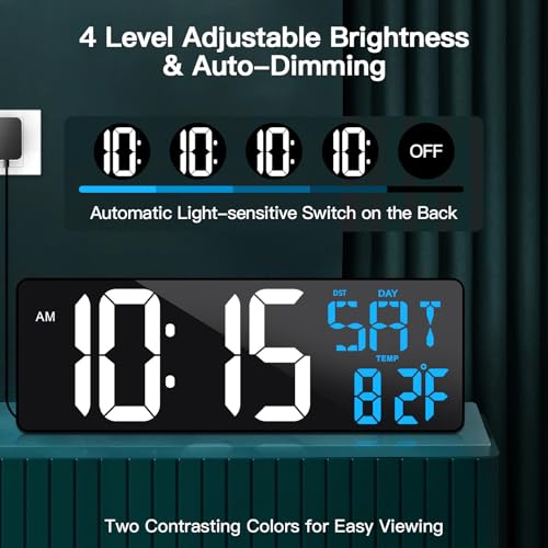 17" Large Digital Wall Clock with Remote, Auto Dimmer, Date Temp, Timer - color: Ice Blue+ White