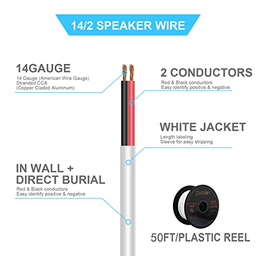 50 Feet 14 Gauge 2 Conductors Red Black Wire with Fire Resistant White Jacket, 14/2 AWG CL2 Rated Loud Speaker Cable, 14AWG Electrical Hookup Wire LED Strips Extension Cord Cable - size: 50 Feet, style: 14/2 Gauge CCA
