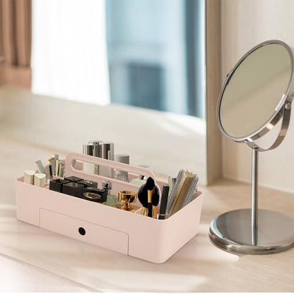 Multipurpose Caddy Organizer with Handle -8 Compartments and 1 small drawer - Art Craft Supplies, Office, Desk, Stationery Pen Holder, Makeup, Bathroom, Shower, Cleaning, Dorm Organizer - Pink