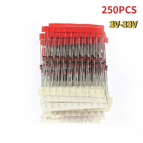25 Values 250pcs 1W Zener Diodes Assortment Kit 3V 3.3V 3.6V 3.9V 4.3V 4.7V 5.1V 5.6V 6.2V 6.8V 7.5V 8.2V 9.1V 10V 12V 13V 15V 16V 18V 20V 22V 24V 27V 30V 33V Assorted Set