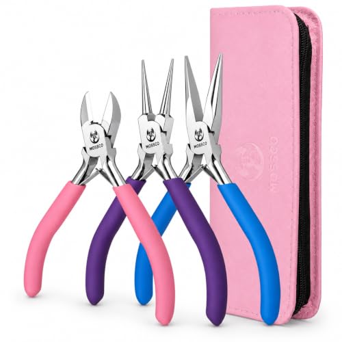 Jewelry Pliers Set, 3-Piece Mini Jewelry Making Tools with Round Nose, Chain Nose Pliers and Wire Cutter, Cr-V Steel Beading and Wire Wrapping Kit with Pink Carrying Pouch