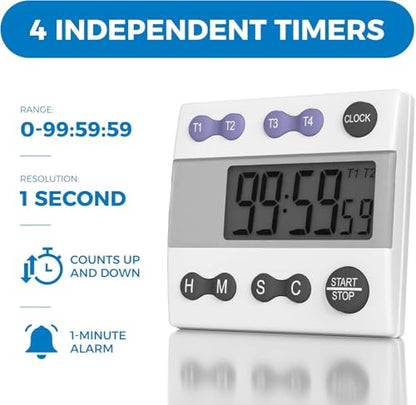 Sper Scientific Portable Digital Kitchen & Lab Timer 810015 - 4 Channel, Large Display, Loud Alarm - 4 pc - size: 4 Pack