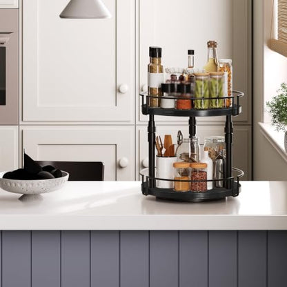 HOOBRO Lazy Susan Organizer Spice Rack, 2-Tier Height Adjustable Rotating Lazy Turntable Spice Organizer, for Kitchen Countertop and Cabinet, Black BB05TL01 - color: Black
