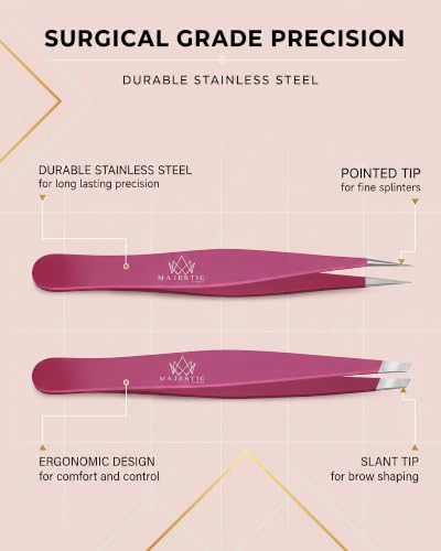 Majestic Bombay Precision Tweezers Set, Fine Point, Slant, Women and Men - color: Pink