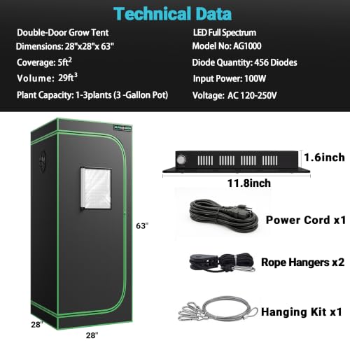 28x28 Grow Tent Kit with LED Grow Light, 28"x28"x63" 1680D Mylar Indoor Grow Tent Starter System with AG1000 100W Full Spectrum Dimmable Plant Light for Hydroponics, Herbs, Vegetables, Seedlings - size: 28" x 28" x 63"