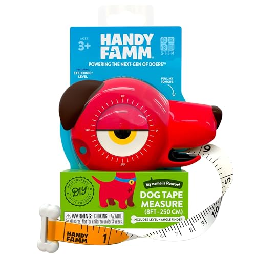 Handy Famm Kids Tape Measure with Level & Angle Finder, 8ft, Roscoe the Dog - style: Roscoe