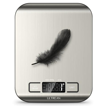 Ultrean Food Scale, Digital Kitchen Scale with LCD Display, Weight Grams and Ounces for Baking Cooking and Meal Prep, 6 Units with Tare Function, 304 Stainless Steel, 11lb (Batteries Included) - size: Medium