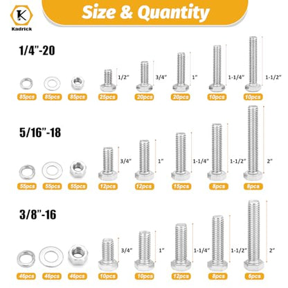 KADRICK 744PCS Stainless Steel Hex Bolt Kit,Size SAE 1/4-20 5/16-18 3/8-16 - size: 744Pcs SAE HEX Stainless