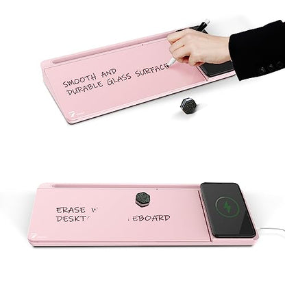 TOWON Glass Desk Whiteboard 17x6 in, Wireless Charger and Storage, Pink - color: Charger Pink