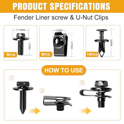 weideer 30PCS Universal Fender Liner Screw U Nut Kit,M6 Engine Splash Shield Hex Head Screw U Clips,Push Retainer Fastener Rivet Clips - color: BK M6
