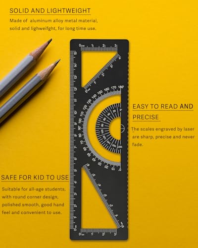 4-in-1 Geometry Set, Metal Math Ruler Kit- Aluminium Protractor, 2 Precision Triangles, Straight Edge Rule - Multifunctional Drafting& Measuring Small Ruler for Kids School - 6 inch, Black - color: Black