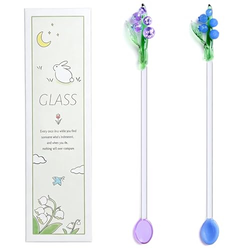 Homestia 2 Pcs Glass Stirring Spoon, Swizzle Sticks with Lily of the Valley - color: 2 PCS + 7.1" + Bells Orchids Flower + Stirring spoon