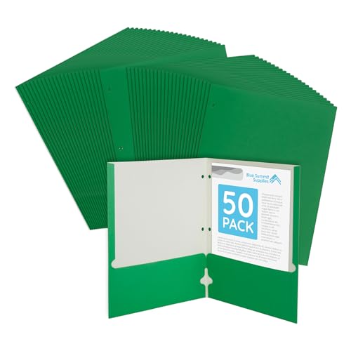 Blue Summit Green Folders with Pockets, Paper Green Pocket Folders with Business Card Holder, 3 Hole Punched, for Documents, Presentation, School, and Child Classes, Assorted Colors, 50 Pack - color: Green