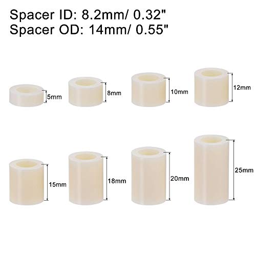 uxcell ABS Round Spacer Assortment Kit ID 8.2mm OD 14mm for M8 Screws, 8 Sizes Plastic Standoff (5mm 8mm 10mm 12mm 15mm 18mm 20mm 25mm), 160pcs