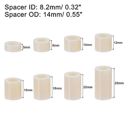 uxcell ABS Round Spacer Assortment Kit ID 8.2mm OD 14mm for M8 Screws, 8 Sizes Plastic Standoff (5mm 8mm 10mm 12mm 15mm 18mm 20mm 25mm), 160pcs