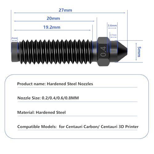 Hardened Steel Nozzle Kit for Elegoo Centauri Carbon - 5PCS Hotend Nozzles (0.2, 0.4, 0.6, 0.8mm) - High Temperature & Abrasion Resistant Nozzle Set for Centauri 3D Printer Accessories & Parts - style: Hardened Steel Muilt Size Nozzle