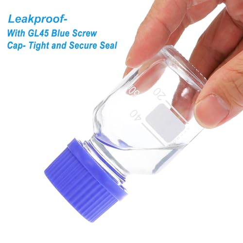 PATIKIL 10 Pack Reagent Media Storage Bottles, 50ml Borosilicate Glass Graduated Round Bottles with GL32 Blue Screw Cap for Lab Water Reagent Liquids, Clear - size: 50ml