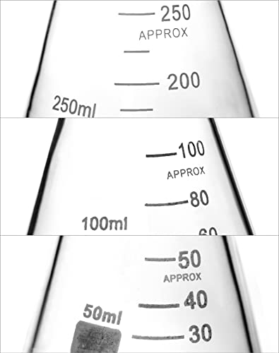 QWORK Borosilicate 3.3 Glass Erlenmeyer Flask Set (50, 100 and 250ml), 3 x Graduated Conical Flask with Glass Stopper for Lab, Experiment, Chemistry - color: 1 Set