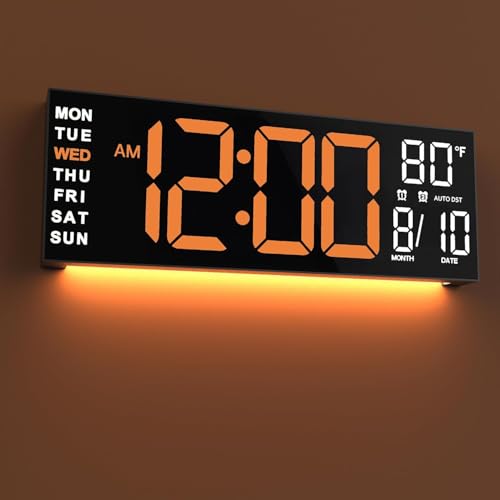 JALL 16" Large Digital Wall Clock with Remote, Big LED for Seniors, Auto Dimming, 8 RGB Colors, Night Light, Timer, Temperature for Living Room, Back to School Classroom, Gift for Student Teacher - color: Orange White, size: 16 inches