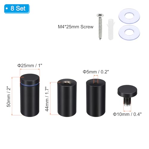 PATIKIL 1 x 2 Inch Sign Standoff Screws, 8 Set Stainless Steel Wall Standoff Mounting Hardware Advertising Glass Nail for Hanging Acrylic Picture Frame Acrylic Panel, Black - color: Black, size: 1 x 2 Inch
