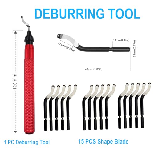 Premium Deburring Tool with 15 Pcs High Speed Steel Swivel Blades, Deburring Tool for Metal, Resin, PVC Pipes, Plastic, Aluminum, Copper, Wood, 3D Printing Burr Removal Reamer Tool Red