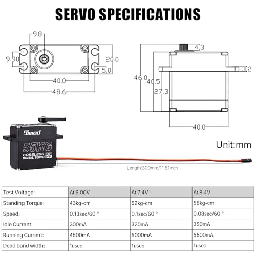 55KG High Torque Servo High Speed HV 8.4V Coreless RC Steering Servo Motors Stainless Steel Gear Low Profile Waterproof RC Crawler Servo for 1/8 1/10 1/12 Scale Cars DIY Robotic - 180 Degree