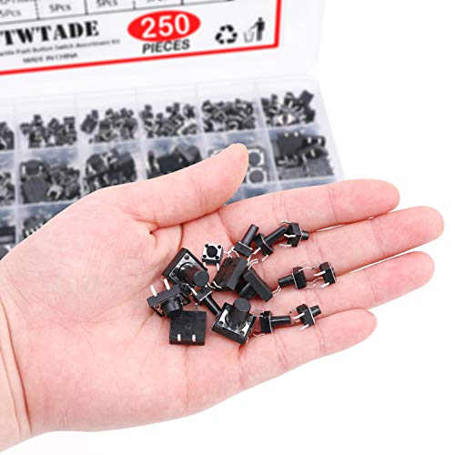 TWTADE 250PCS 4 Pin Momentary Micro Tactile Push Button Switch 20 Values 6 x 6mm and 12 x 12mm Tact Switch Assortment Kit QC-20V-4P - color: Black-4 Pin/250Pcs