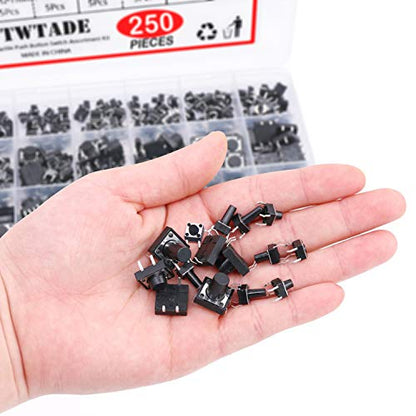 TWTADE 250PCS 4 Pin Momentary Micro Tactile Push Button Switch 20 Values 6 x 6mm and 12 x 12mm Tact Switch Assortment Kit QC-20V-4P - color: Black-4 Pin/250Pcs