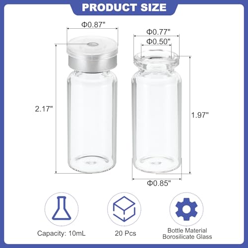PATIKIL 10ml Sample Vials 20Pcs Lab Empty Vials with Butyl Rubber Stopper
