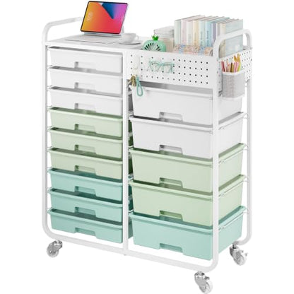 14 Drawer Rolling Storage Cart with Tabletop and Pegboard for Crafts Green - color: Green