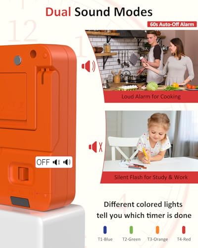 Digital Kitchen Timer with 4 Channel, Loud Alarm and Silent Mode - color: Orange
