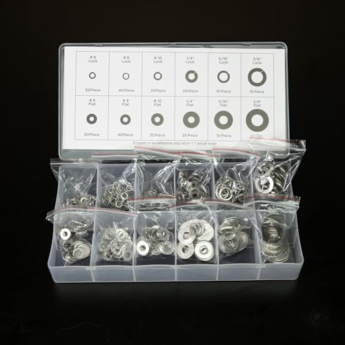NEIKO 50400A Stainless Steel Lock and Flat Washer Assortment | 350 Piece Set | 12 Different Sizes in Spring Lock and Flat Design | Prevent Loose Fasteners - style: Washer